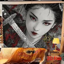1件装女性武士动漫挂毯 - 大型黑白武士持刀图案，红色树叶背景，文字 - 易于悬挂，适用于家居装饰、主题派对、拍照背景 - 彩色 - 查看 7