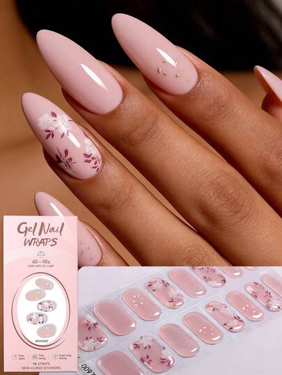 16pcs Spring/Summer Soft Sweet Dusty Pink Floral Hand-Painted Gel Nail Stickers, Fine Lines, Brightening, Long-Lasting, Suitable For Women/Girls Daily, Dates, Weekends, Parties, A Gift For Her
