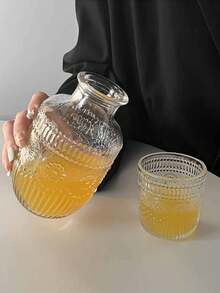 2件套玻璃水壶和杯子套装，复古透明浮雕向日葵图案果汁/牛奶/茶壶和杯子 - 彩色 - 查看 3