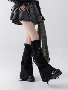 polve 1双Y2K复古Grunge黑灰色水洗星形图案带绑带修身喇叭裤腿套 - 星星款 - 查看 3