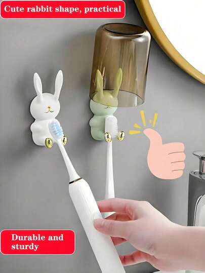 1 pièce/2 pièces/3 pièces Simple et pratique/sans perçage nécessaire Porte-brosse à dents en forme de lapin mignon, support mural pour tasse à brosse à dents, étagère de rangement pour salle de bain/convient pour être fixé sur des surfaces de carrelage lisse dans la salle de bain ou la cuisine