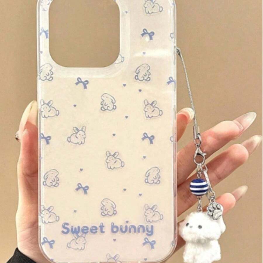 1pc New Fashionable Cartoon Cute Line Drawing Rabbit, Bow, Heart, Puppy Pendant Candy Soft Phone Case Compatible With IPhone 17 Air, 17 Pro Max, 16 Pro Max, 15 Pro, 14 Pro, 13, 12, 11, Adorable Feminine Niche Design - Rabbit Shell + Bone Dog Cat Paw Lanyard - View 1