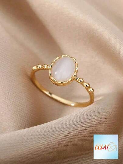 1pc Minimalist Copper Cat Eye Stone Ring For Women, Unique Design Closed Ring For Finger CTDC