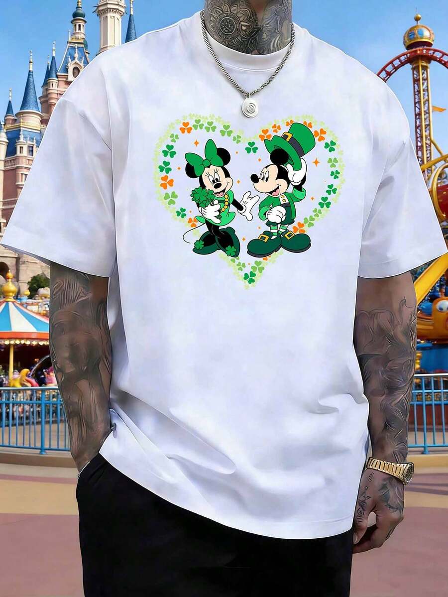 Disney St. Patrick's Day Couple T-Shirts, Featuring Mickey And Minnie Mouse Lucky Shamrock And Heart Designs, Irish Green Gnome Costumes, Casual Loose-Fitting Round Neck Short-Sleeved Shirts For Men And Women, Suitable For Holiday Outings, Parties, And Commuting. - White - View 1