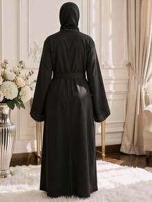 1pc Women's Ramadan Abaya - Black Long Sleeve Dress, Featuring White Beaded Trim On Front And Cuffs, Made Of Smooth Woven Fabric, Elegant And Suitable For Ramadan Eid Gatherings And Celebrations - Black - View 3