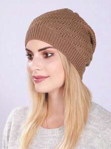 1pc Casual & Elegant Hollow Out Solid Color Acrylic Jacquard Beanie, Single Layer Thin Pleated Hollow Slouchy Hat, Windproof & Warm Outdoor Knitted Cap, Suitable For Autumn/Winter, Maternity Winter Hat UGWK - 深灰色 - 查看 2