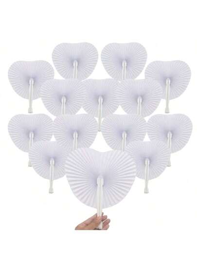 12支白色心形空白纸扇，欧式婚礼用品，DIY派对用品，心形扇，圆形广告扇，礼品，婚礼装饰，表演扇，舞蹈扇