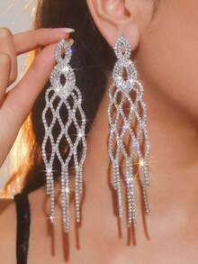 1 Pair Geometric Waterdrop Shaped Gold & Silver Tassel Dangle Earrings, Suitable Stage Performance, Banquet And Formal Dress Accessories - 散鑽水鑽超長流蘇耳環 - 查看 12