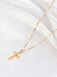 1件金色十字架吊坠项链，不锈钢珐琅珠链项链，女士珠宝礼物 - 項鍊 - 查看 4