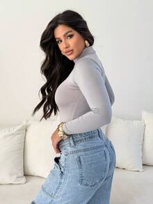 Women's Bodysuit Kit, High Neck, Long Sleeve, Second Skin, Basic, Versatile, Fashion Blogger Style, - 灰-黑-白 - 查看 3