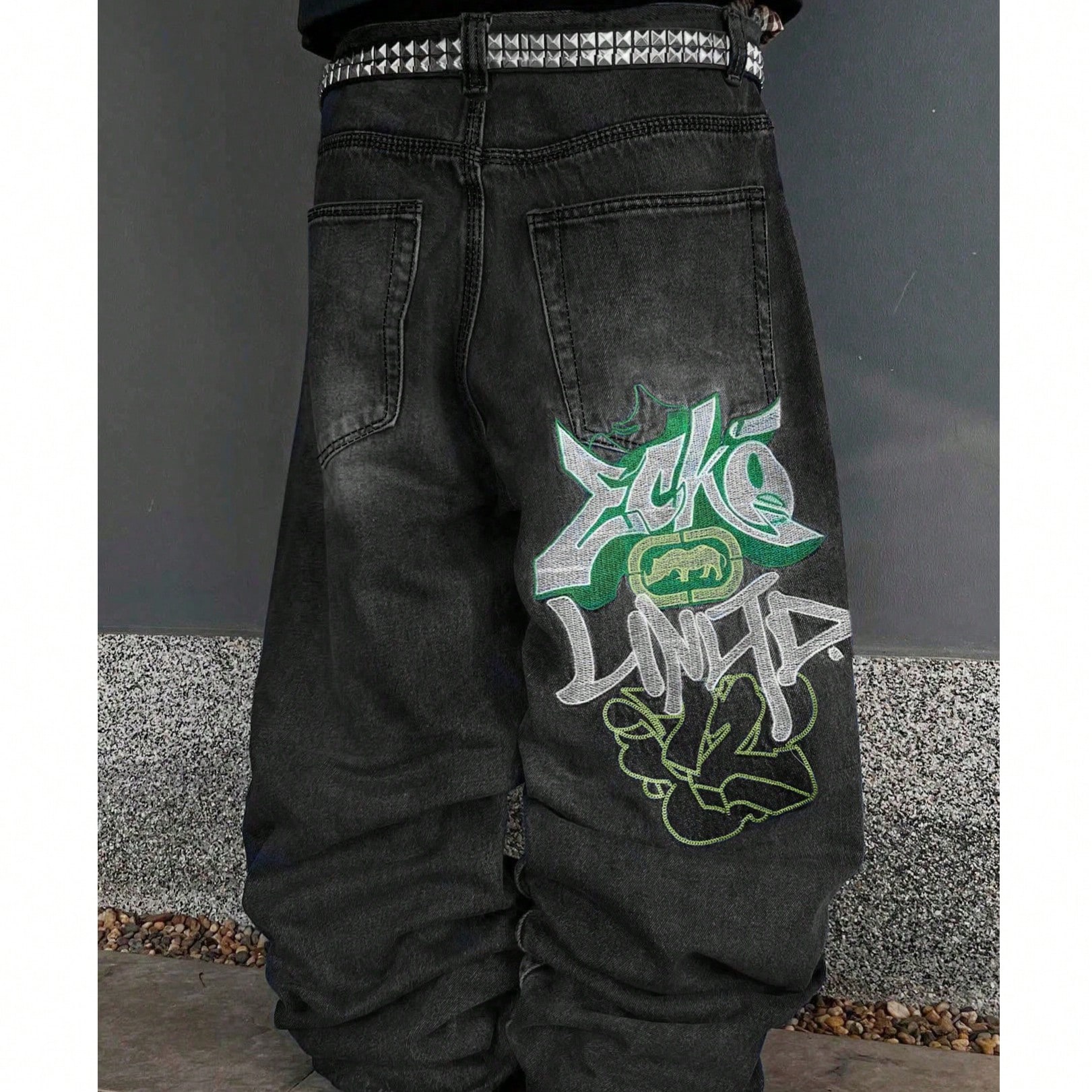 Jeans anchos y sueltos con bordados, estilo casual grunge gótico Y2K para hombres. Versátil para todas las estaciones, moda personalizada de estilo