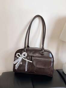 Lalippa 1pc Minimalist Retro Zipper Decor Dual Handle Women Daily Casual Commute Handbag - Coffee - View 8
