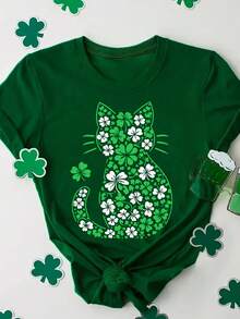 Ladies' St. Patrick's Day Green T-Shirt - Letter Leopard Print And Checkered Clover Heart Shape, Casual Short-Sleeved Round Neck - Xanh lá cây 16 - Xem 1