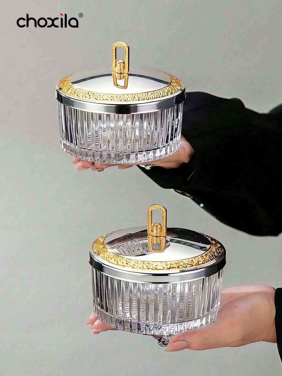 choxila 1pc Striped Glass Bowl With Gold Lid, Suitable For Nuts, Yogurt, Ice Cream, Jewelry Storage, Decor, Dining, Home, Restaurant, Ramadan - Bowl - View 1