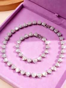 两件套心形链项链和手链套装，男女皆宜，嘻哈风格，奢华珠宝套装，情人节、生日礼物 - 愛心 - 查看 1