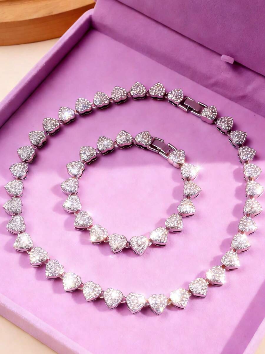 两件套心形链项链和手链套装，男女皆宜，嘻哈风格，奢华珠宝套装，情人节、生日礼物 - 愛心 - 查看 1