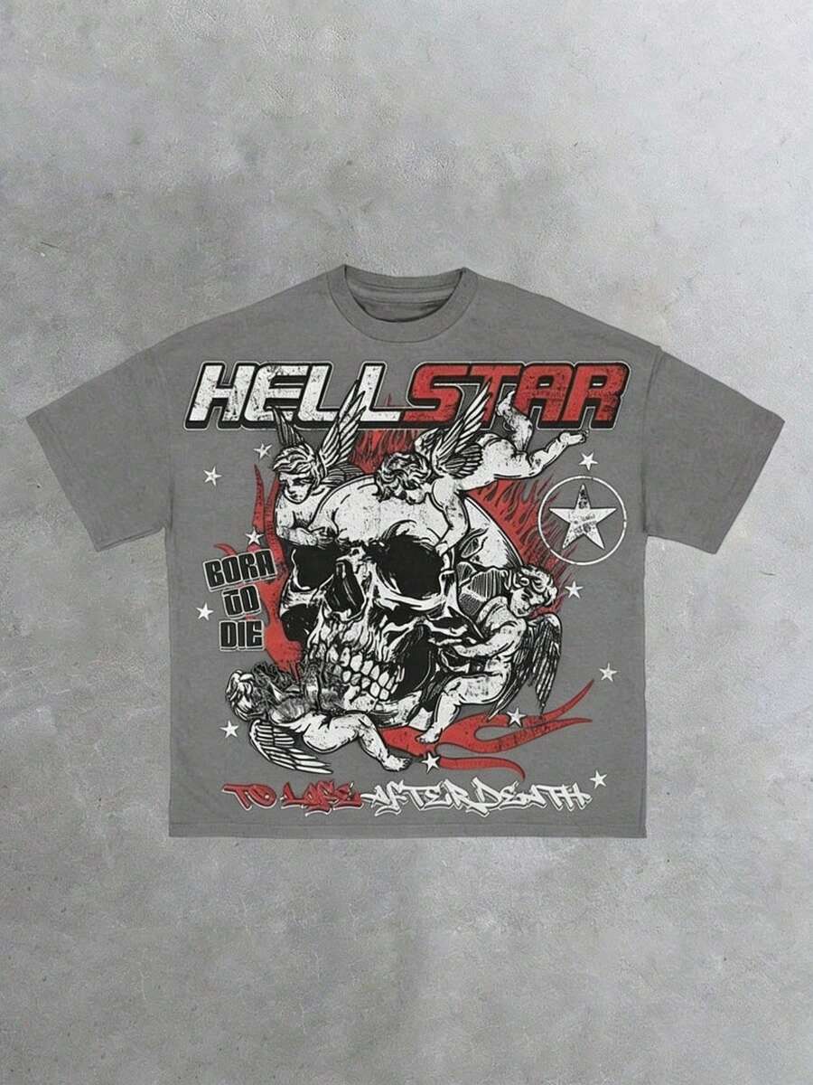 Hellstars Skull Angel Gothic Graphic Y2K Graphic T-Shirt,220g 100% Cotton,Round Neck Short Sleeve,Black Streetwear Essential For Summer Going Out,Unisex Style - 淺灰色 - 查看 1