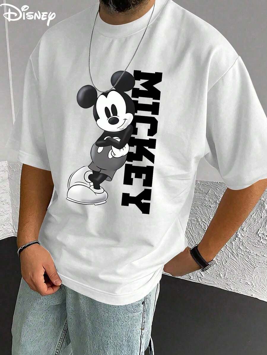 Disney Men's Casual T-Shirt, Black & White Mickey Print, Minimalist Design, Comfortable Soft Fabric, Ideal For Classic Disney Fans - White - View 1