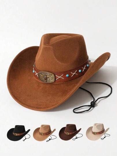 1pc Women's Cowboy Hat, Made Of Cowhide Leather And Suede, European And American Western Style, Fashionable Minimalist Unisex Fedora Hat, Suitable For Daily Wear, Parties, Western Themed Events, Cosplay, Music Festivals