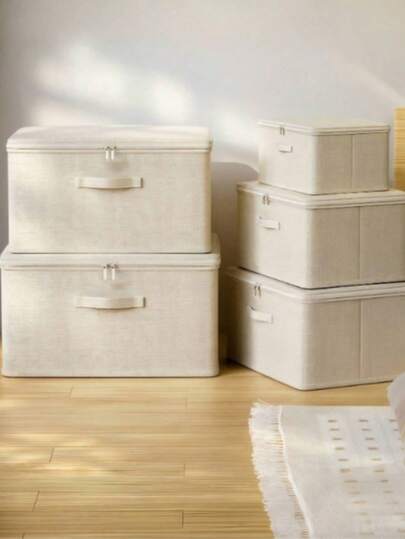 1pc Foldable Storage Box With Zipper And Handle, Beige Storage Bin, Made Of Polyester Linen, Square Shaped With Lid, Durable And Versatile, Can Be Used To Store Clothes, Toys And Other Items, Also Suitable For Indoor Decoration, Bedroom Decor, Decorative Strips, Storage, Jeans And Other Large Capacity Foldable Storage Box With Lid, Household Closet Folding Storage Box, Organizer Box For Clothes And Bedding