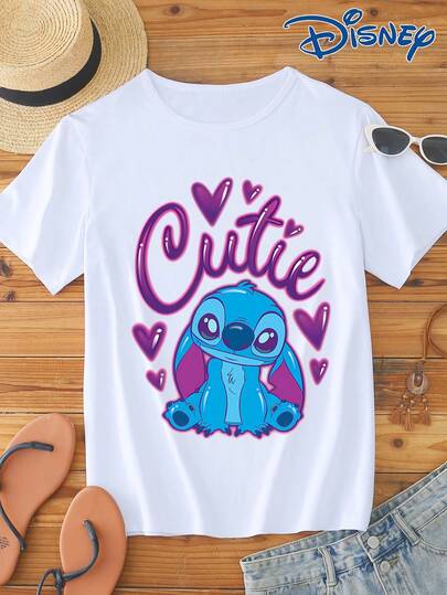 Disney 1pc Women's Short Sleeve T-Shirt, Cute Stitch Graphic Print Round Neck Stretchy Tee, Easy Care Fabric, Suitable For Daily Wear, Fashionable Women's Short Sleeve T-Shirt, Casual Wear