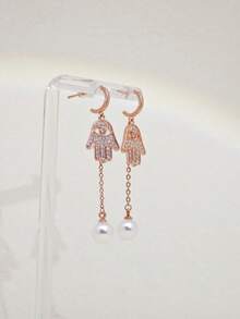 1 Pair Zirconia Palm Shaped Pearl Long Tassel Earrings, Suitable For Women - Rose Gold - View 5
