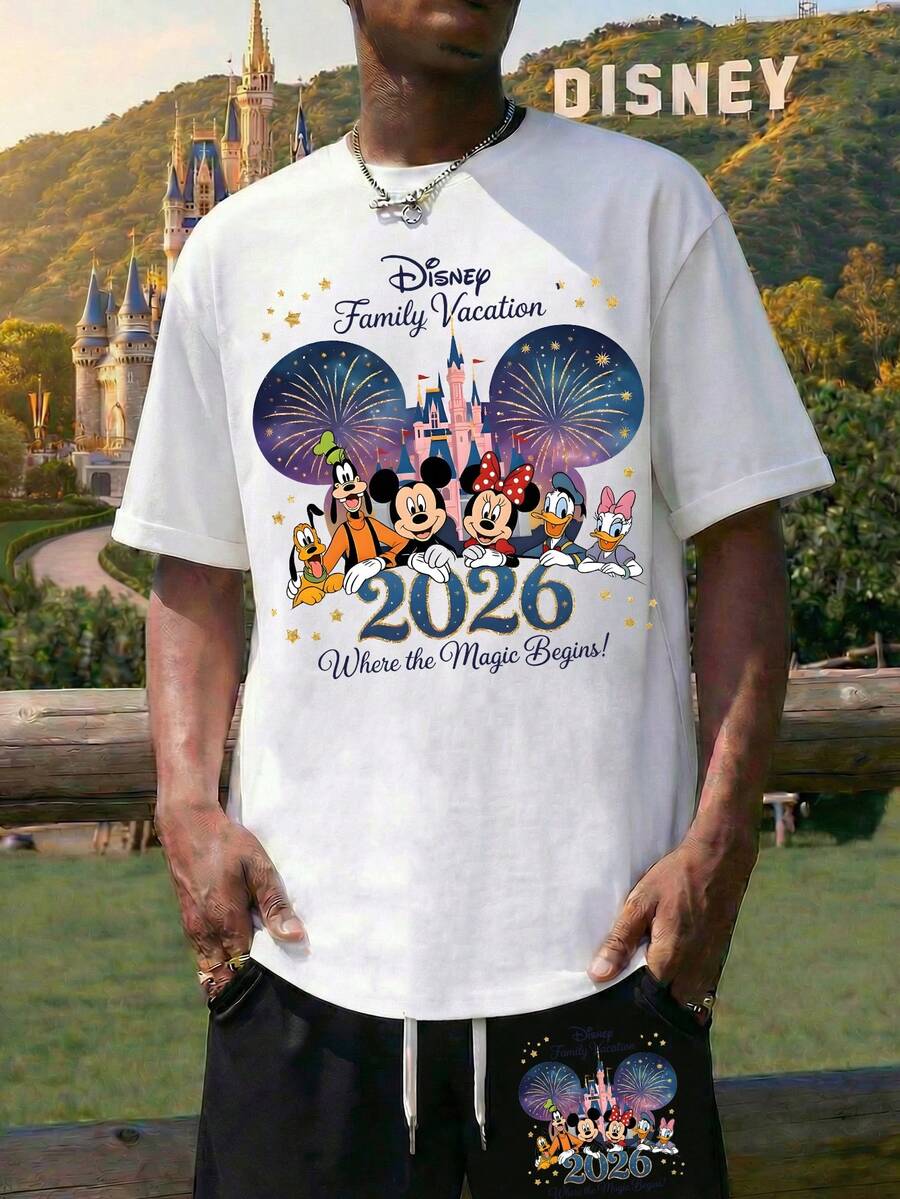 Men's White/Black Pullover Short-Sleeved T-Shirt And Drawstring Shorts Two-Piece Set, Featuring Disney Family Vacation Lettering And Mickey Mouse And Minnie Mouse Graphic Prints. A Breathable And Comfortable Summer Casual Set, It Makes A Perfect Gift For Men. - Trắng + Đen - Xem 1