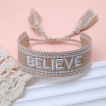 1 pièce Bracelet bohème vintage créatif brodé "CROIRE" Cadeau inspirant fait main réglable - Kaki - Voir 3