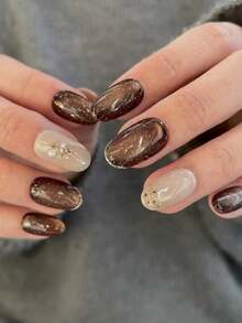 10 pièces d'autocollants d'ongles français ovales faits à la main, marron et blanc avec décoration dorée, réutilisables, convenant aux femmes pour les vacances ou les occasions spéciales - Marron fonçé - Voir 3