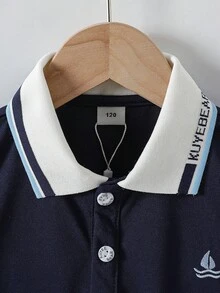 Boys' Collared Short Sleeve Polo Shirt, School Style, Summer - Navy Blue - View 3