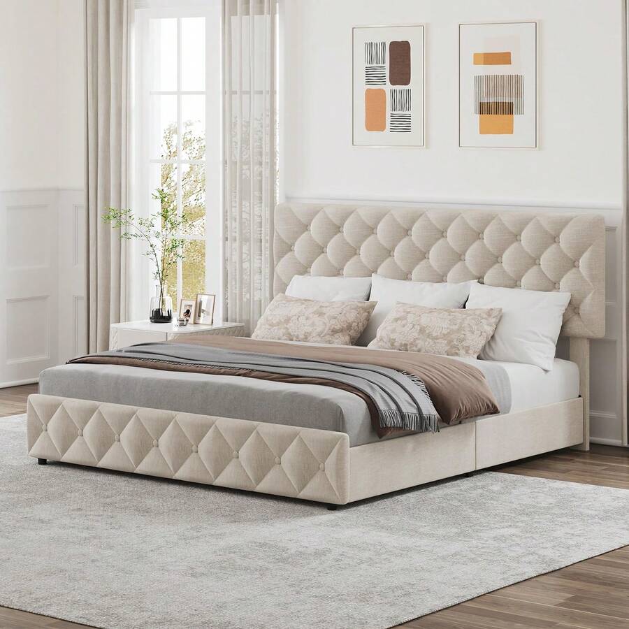 Marco de Cama tapizado tamaño Queen con 4 cajones de Almacenamiento, cabecero con Botones de Diamante, Plataforma de Tela de Lino con Soporte de Listones Fuertes, no Necesita somier, fácil - Beis - Ver 1