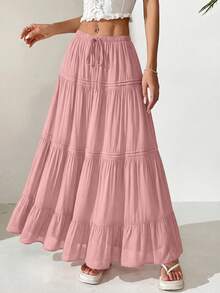 Women Casual Elastic High Waist Drawstring Pleated Layered Flowy Long Skirt Summer Boho Beach Vacation Holiday Going Out Valentine Maxi Skirt Outfits - 粉色 - 查看 1