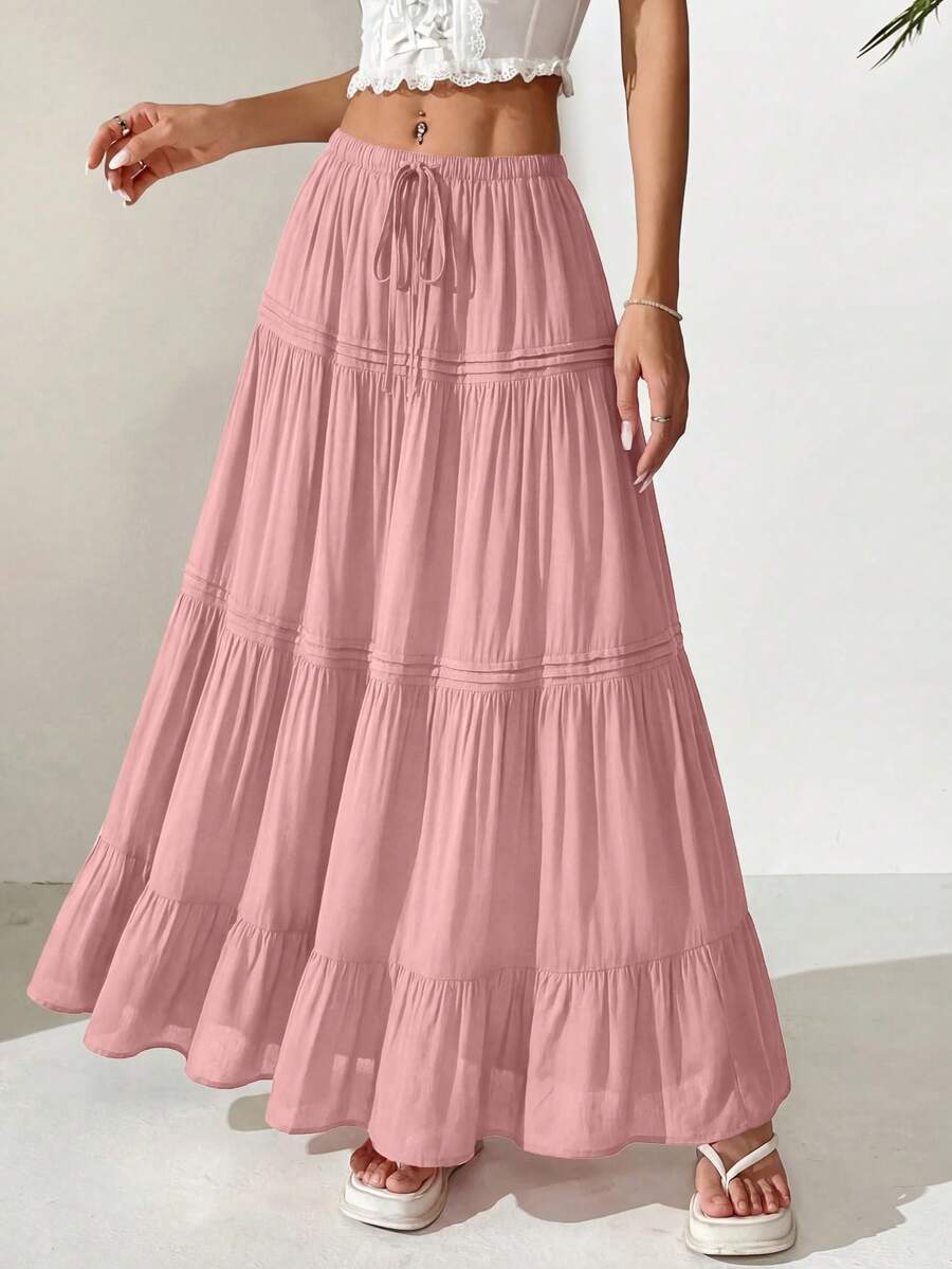 Women Casual Elastic High Waist Drawstring Pleated Layered Flowy Long Skirt Summer Boho Beach Vacation Holiday Going Out Valentine Maxi Skirt Outfits - 粉色 - 查看 1