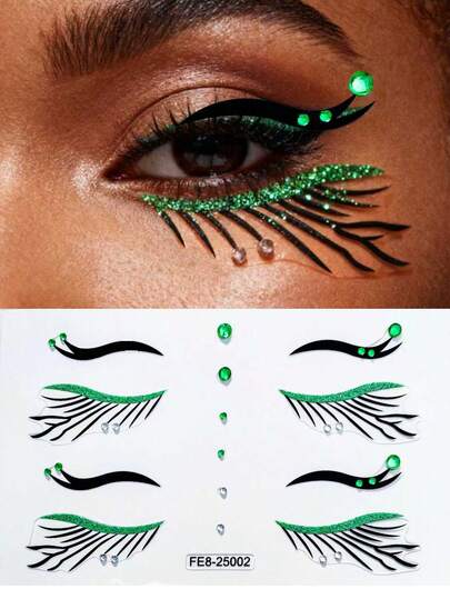 1 Sheet Ethereal Green Winged Feather Eyeliner Stickers - Exquisite Pattern & Feather Details Self-Adhesive Face & Eye Decor For Costume Parties Music Festivals & Dreamy Makeup Reusable Waterproof Eyeliner Stickers For Women & Dreamy Style Lovers