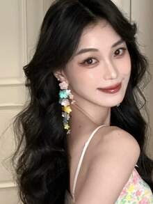 2件套时尚甜美花朵流苏耳环，金属树脂多色吊坠耳环，适合女性日常、派对、节日佩戴，亦可作为日常礼物 - 彩色 - 查看 3