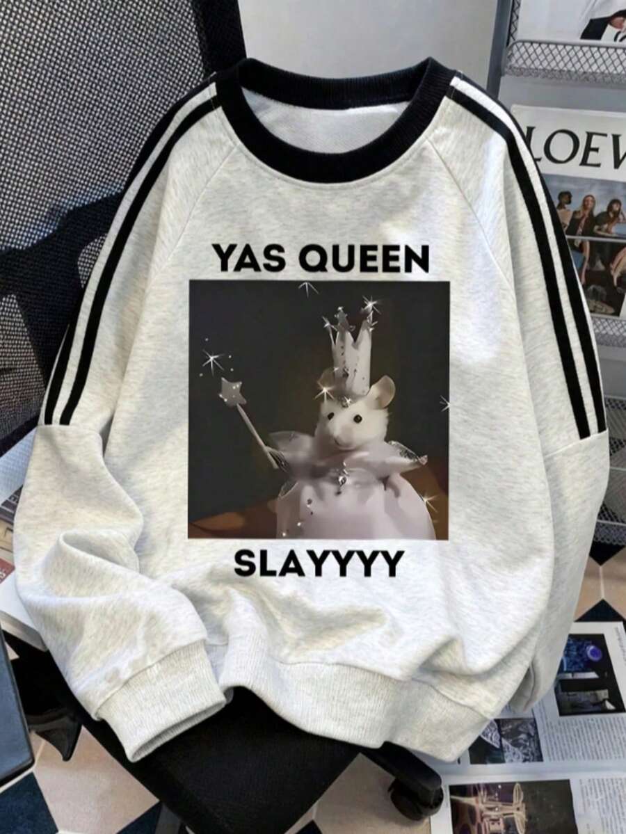 休闲趣味条纹印花圆领卫衣，宽松圆领长袖套头衫 - 灰色 - 查看 1