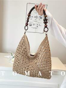 1件夏季新款女士编织单肩包，大容量草编休闲腋下包，多功能沙滩单肩包，时尚度假沙滩包，磁扣开合，镂空设计 - 卡其色 - 查看 10