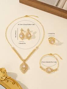 5 pezzi Set di gioielli da sposa placcato oro 18K, realizzato a mano con zirconia cubica bianca, incluso collana, bracciale, orecchini, anello, adatto per uso quotidiano e matrimonio, regalo per anniversario di matrimonio - Champagne - Visualizzare 2
