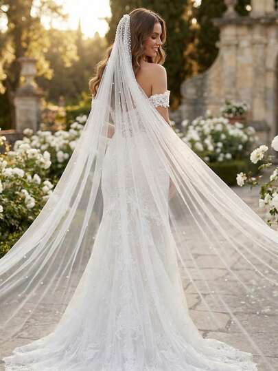 1pc 3 Meter Long Pearl Bridal Veil With Comb, Suitable For Church Wedding, Bridal Gown Accessory