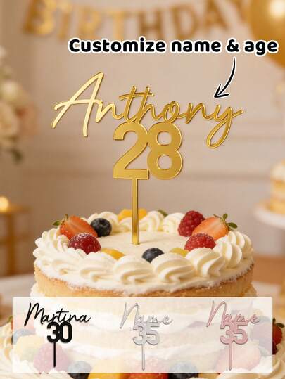 Personnaliser le nom et l'âge du gâteau, décoration de gâteau d'anniversaire personnalisée, personnalisable pour anniversaire ou événements importants, accessoires de décoration de dessert élégants, décorations de gâteau en acrylique personnalisables, décoration de centre de table de fête unique convenant aux femmes et aux hommes