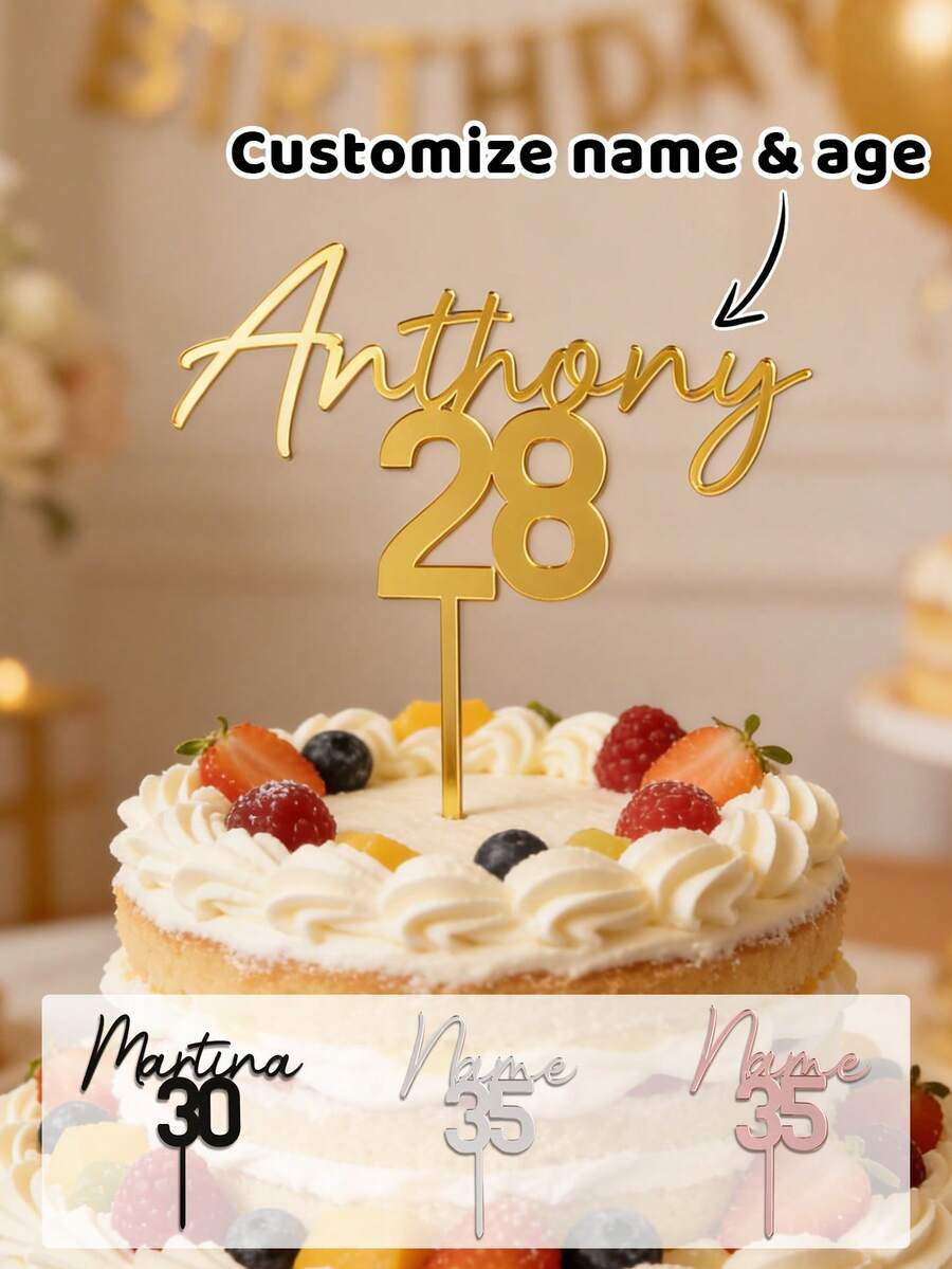 Custom Name And Age Cake Topper, Personalized Birthday Cake Decorations, Customized Party Cake Insert For Anniversary Or Milestone Event, Elegant Dessert Decor Accessory, Customizable Acrylic Style Cake Topper Gift For Women And Men., Gift Ideas, Mirror Gold - Style a - View 1
