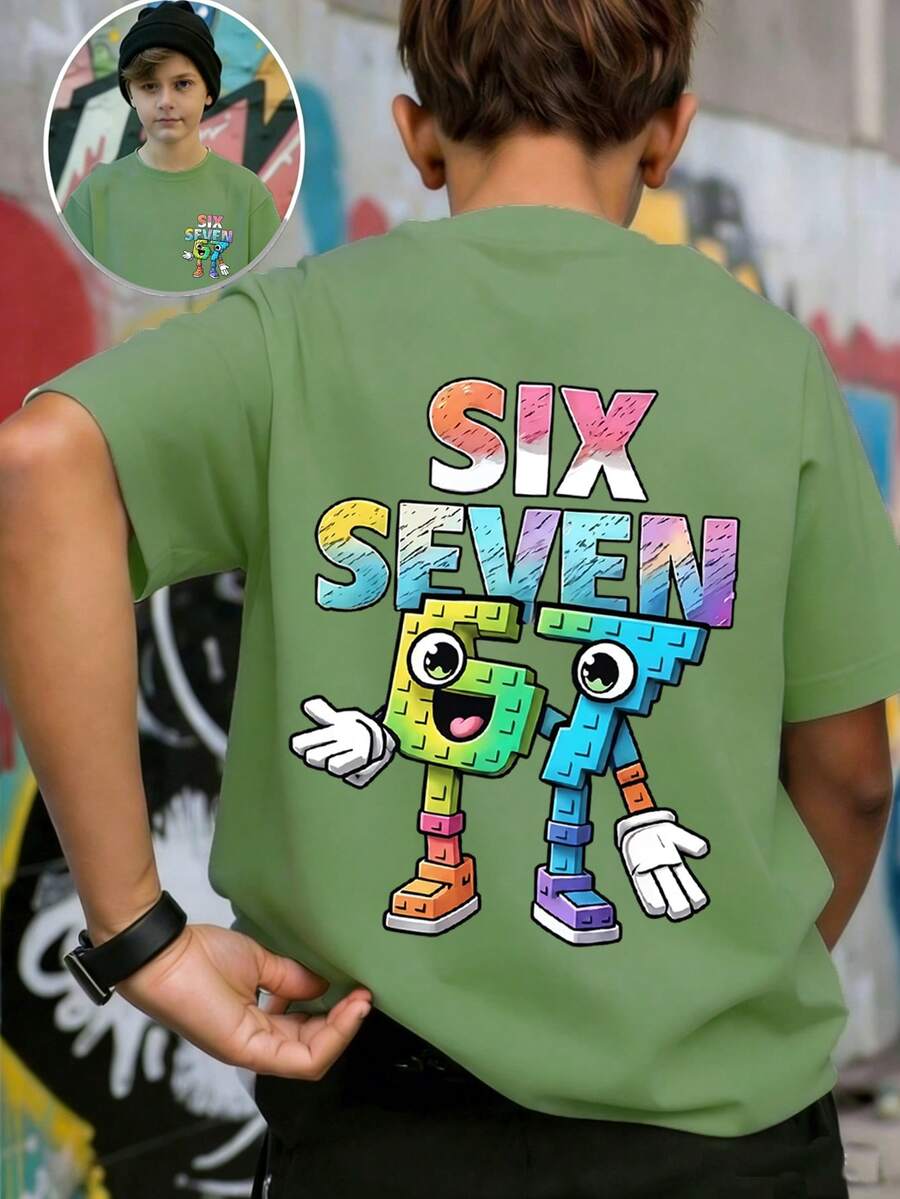 男童“SIX SEVEN-意大利脑残粉”彩色67号卡通印花T恤,适合日常穿着、街头风、校园风,休闲百搭的夏季男童上衣 - 橄欖綠 - 查看 1