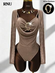 RNU Mono de manga larga elegante para mujer con forro cálido, cuello en V profundo, decoración de hebilla metálica, estilo casual, de negocios, de ocio, de conciertos musicales, de estilo vintage de unicolor, de punto acanalado, de alta elasticidad, muy suave y cómodo, de ajuste ceñido, para uso diario, sexy, para San Valentín, citas, carnavales, Año Nuevo, viajes, primavera, verano, otoño e invierno - Café integral - Ver 1