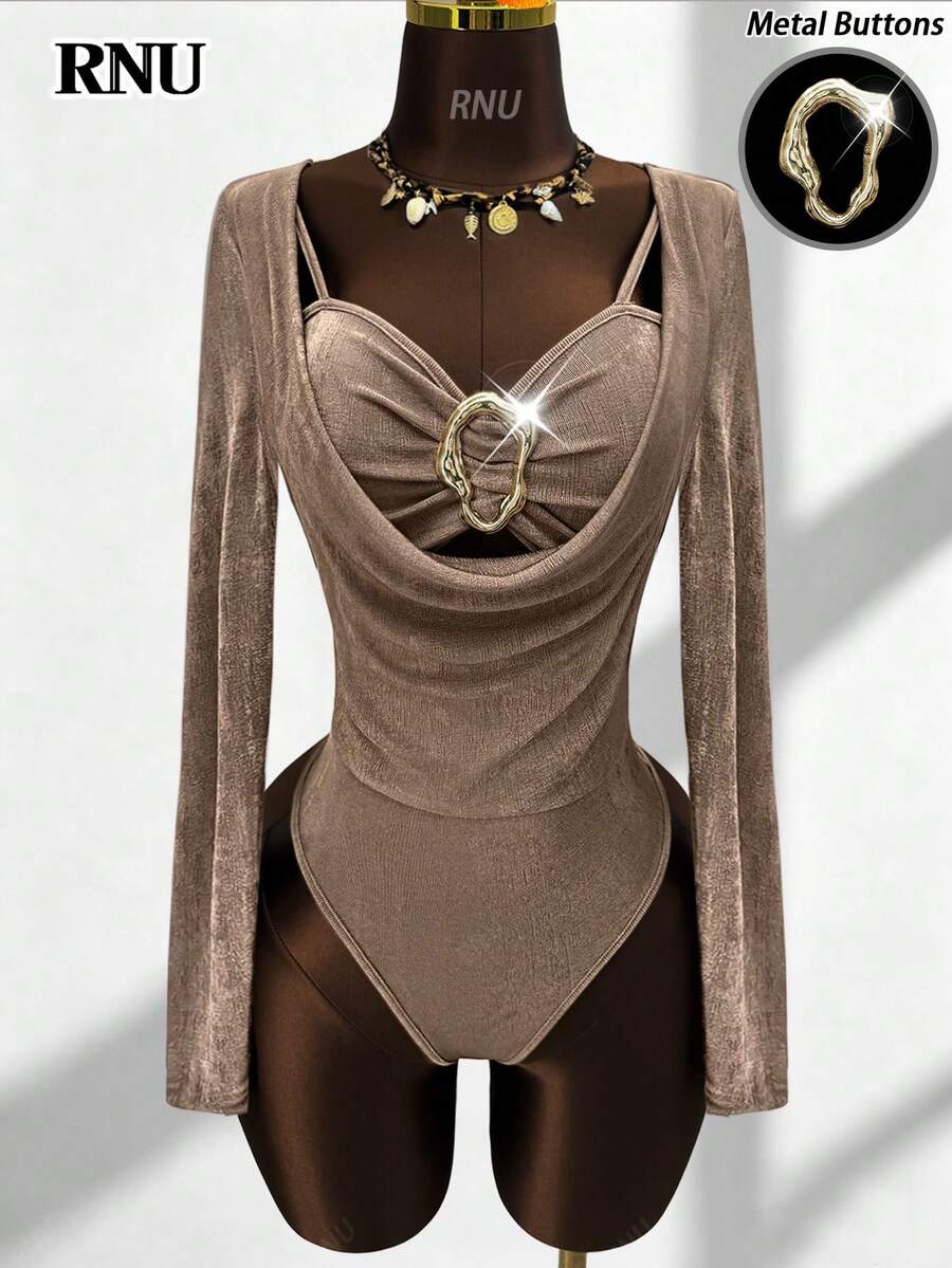 RNU Mono de manga larga elegante para mujer con forro cálido, cuello en V profundo, decoración de hebilla metálica, estilo casual, de negocios, de ocio, de conciertos musicales, de estilo vintage de unicolor, de punto acanalado, de alta elasticidad, muy suave y cómodo, de ajuste ceñido, para uso diario, sexy, para San Valentín, citas, carnavales, Año Nuevo, viajes, primavera, verano, otoño e invierno - Café integral - Ver 1