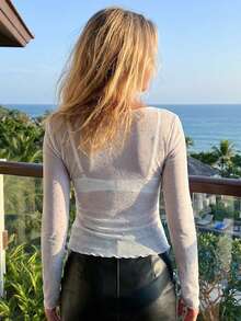 Women Rhinestone Sheer Tops Slim Bling See Through Long Sleeve Lettuce Trim Shirts For Daily Party Club - 銀色 - 查看 6