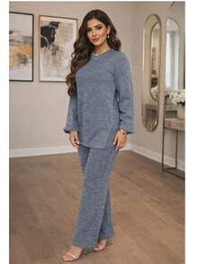 Women's Set: Long-Sleeved High-Neck Blouse And High-Waisted Wide-Leg Pants In Knit Fabric, Winter/Cold Weather Knit, Suitable For Holidays. - 淺灰色 - 查看 5