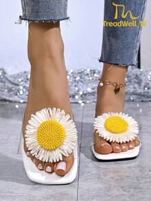 女士夏季新款刺绣白色向日葵雏菊时尚个性化平底凉鞋，露趾百搭女士春夏新款休闲拖鞋 - 白色 - 查看 5