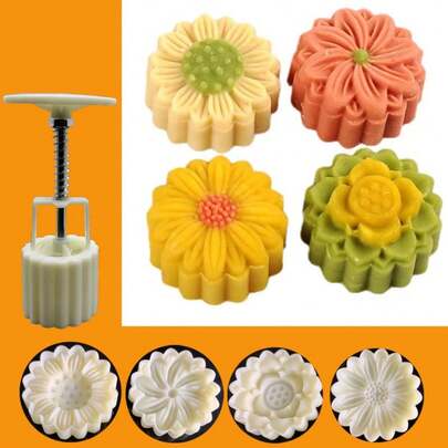 4 Sets Of Chrysanthemum-Shaped Mooncake Molds, Non-Stick Cartoon Green Bean Ice Cream Molds, Handcrafted Baking Tools.