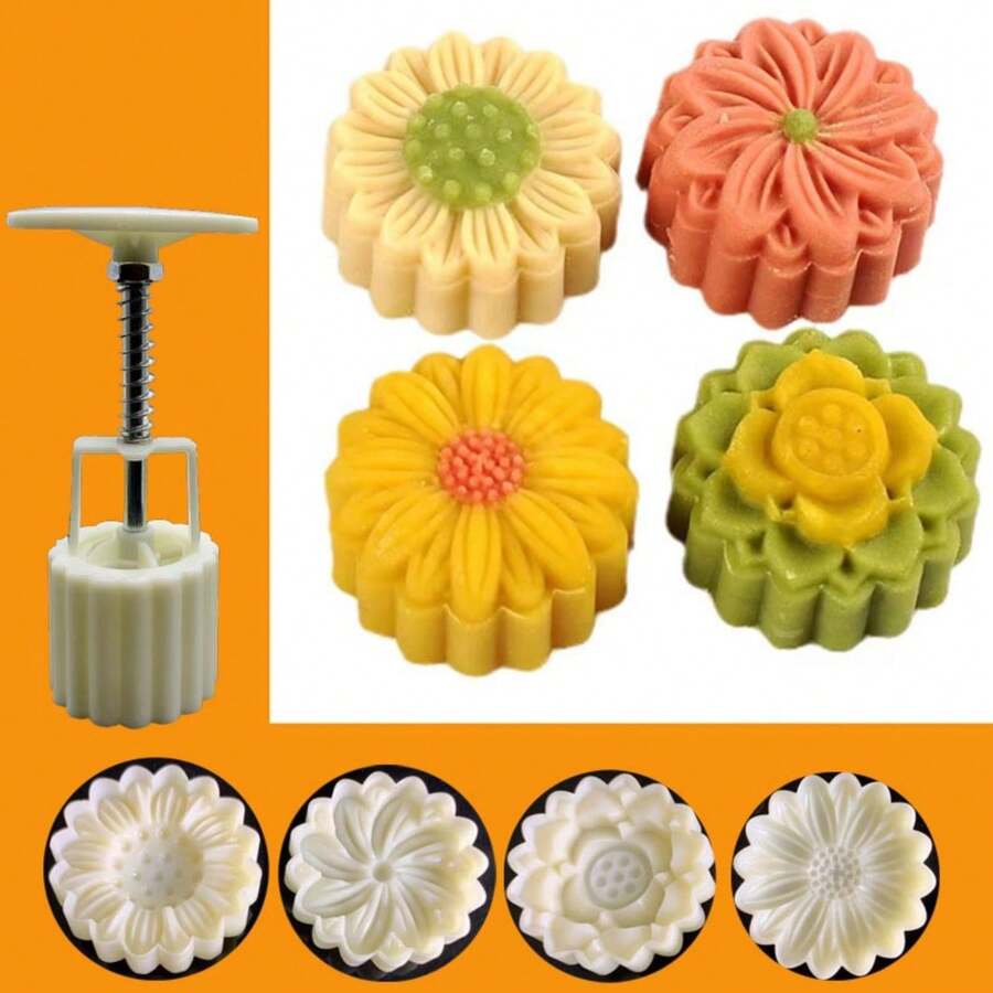 4 Sets Of Chrysanthemum-Shaped Mooncake Molds, Non-Stick Cartoon Green Bean Ice Cream Molds, Handcrafted Baking Tools. - View 1