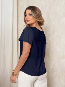 Aletheia - Women's Blouse Viscose With A Touch Of Linen Short Sleeves Lightweight Lace Elegant Casual Comfortable Flowing Fit - 藏蓝色 - 查看 3